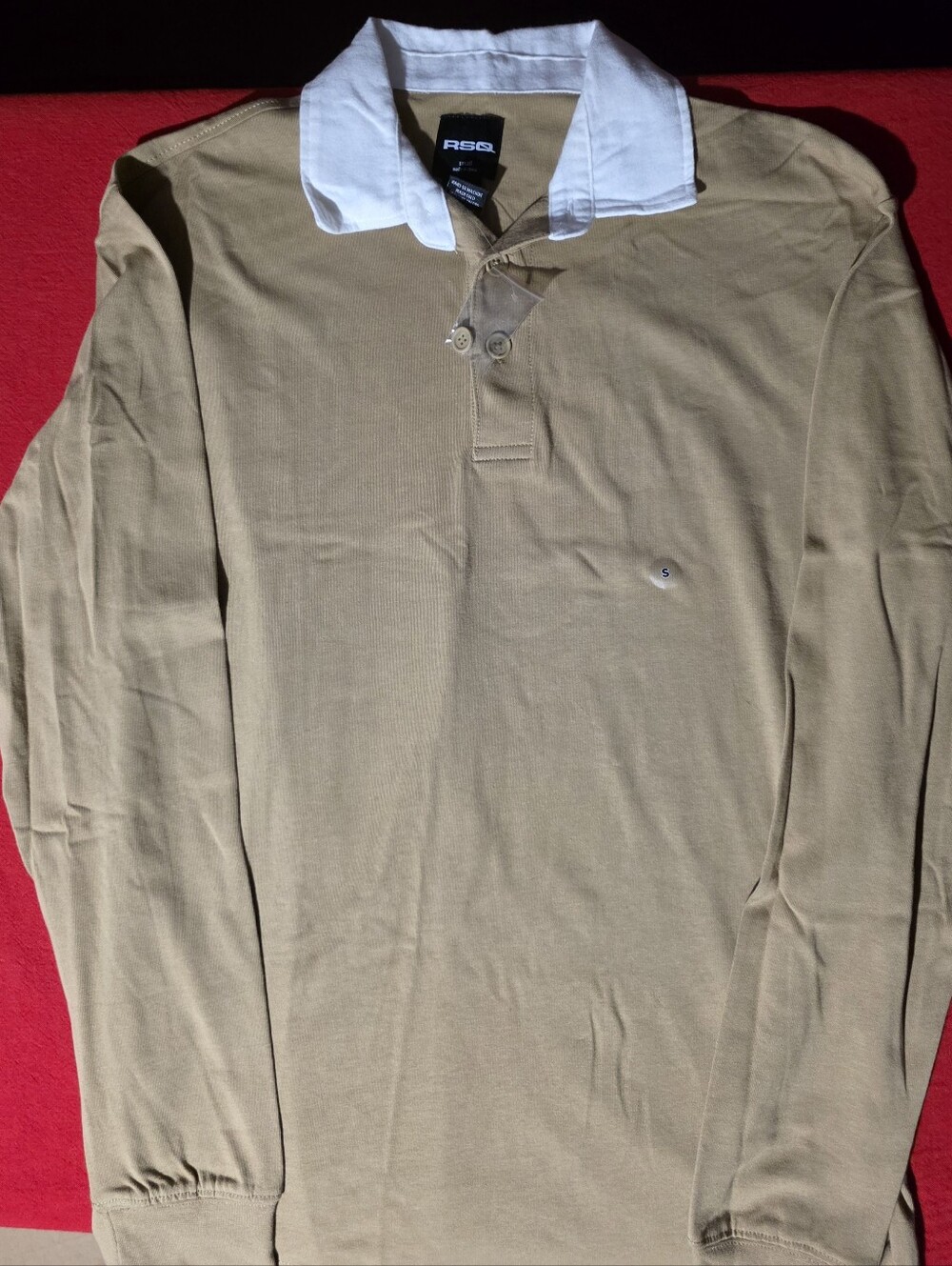 RSQ Men's Long-Sleeve Polo in Khaki with White Collar